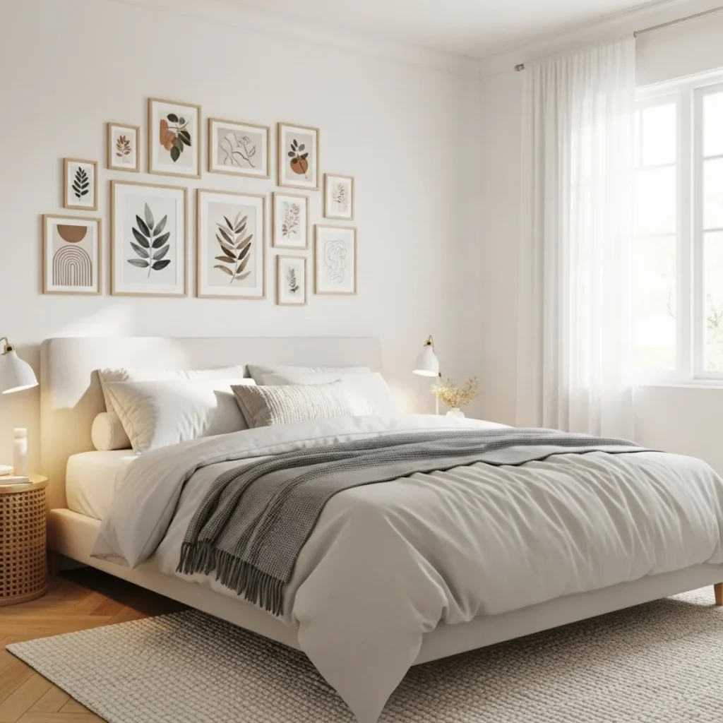 Quarto leve com cama queen, composição orgânica de vários quadros em blocos, molduras brancas e madeira clara, dentro de um retângulo imaginário, planta e abajur cerâmico.