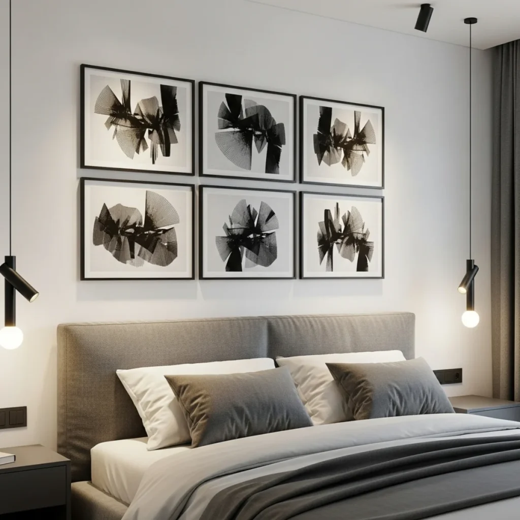 Quarto moderno com grid 2x3 de quadros iguais, fotos em preto e branco, molduras pretas finas, espaçamento de 4 cm e cama queen com cabeceira cinza.