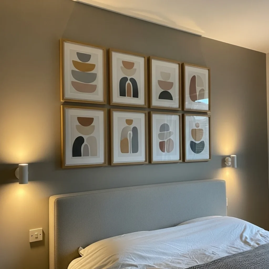 Quarto contemporâneo com grid horizontal de 8 quadros iguais, molduras de carvalho, alinhamento preciso e luz quente de arandelas.