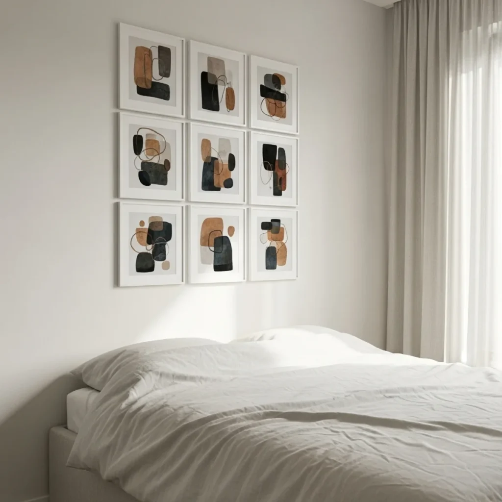 Quarto claro com grid 3x3 de quadros iguais, molduras brancas, espaçamento de 5 cm, roupa de cama off-white e cortinas de linho.