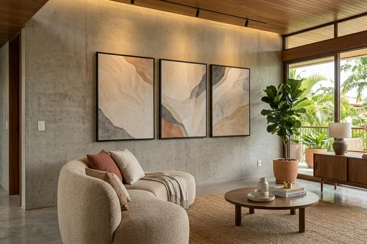 Sala moderna em tons neutros decorada com trio de quadros abstratos