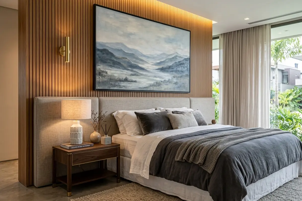 Quarto moderno de alto padrão, com quadro decorativo na parede acima da cabeceira e uma janela que dá vista para o jardim.