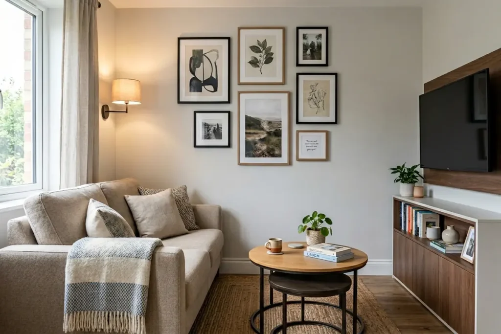 Sala pequena com TV, móveis e decoração com quadros