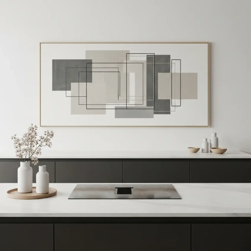 Ilha minimalista retangular; quadro horizontal de linhas simples acompanhando o comprimento, centro a ~1,55 m, a 60 cm de equipamentos quentes, parede seca.