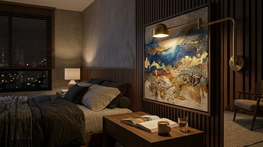 Arandela com luz suave iluminando um quadro decorativo ao lado da cama, criando um clima acolhedor e luxuoso no quarto à noite.