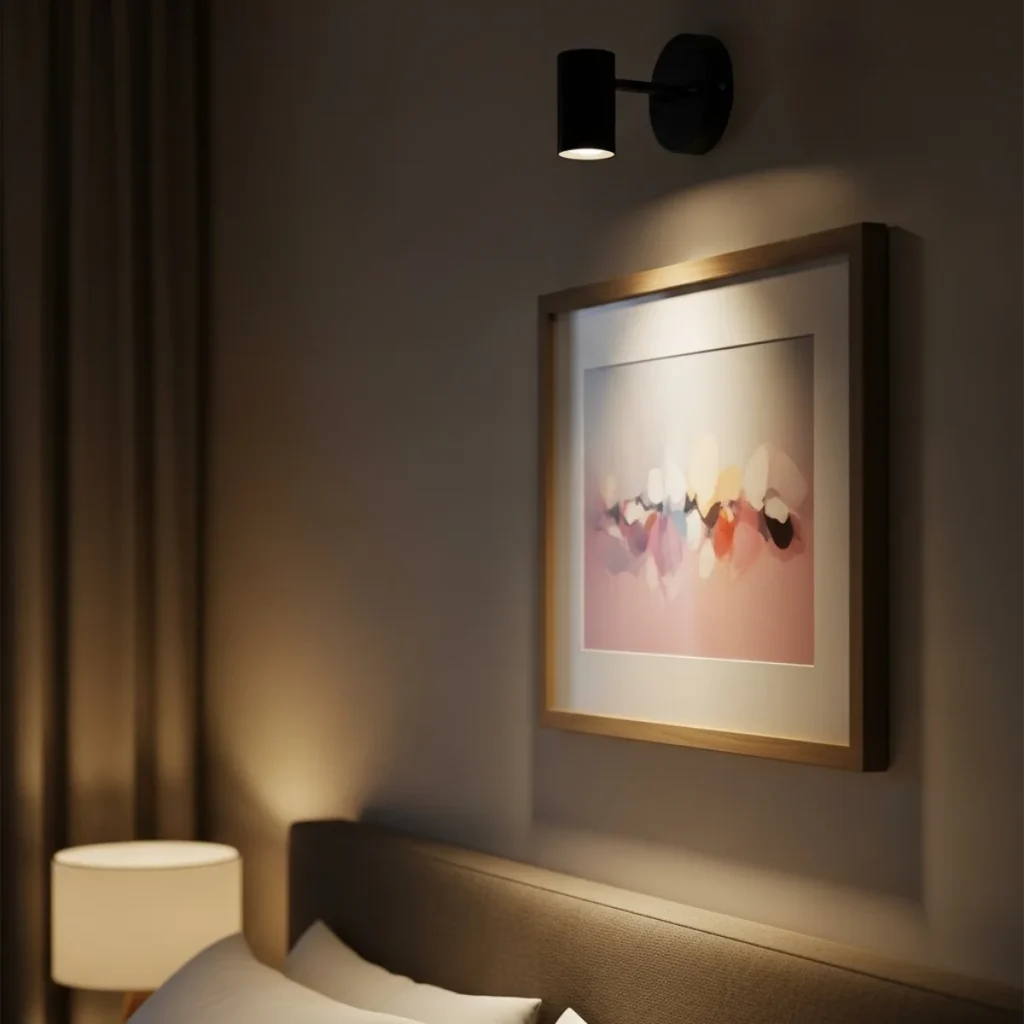 Detalhe de parede de quarto com quadro em tons claros iluminado por arandela de luz quente em ângulo suave, sem reflexo forte, com o restante do ambiente em meia-luz aconchegante.