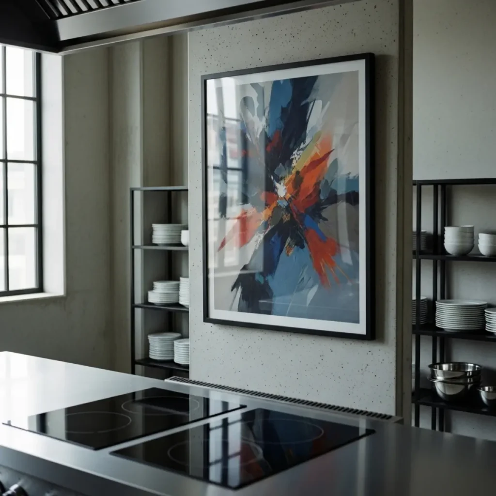 Cozinha industrial com parede de concreto liso e quadro abstrato com vidro, centro a ~1,55 m, afastado mais de 60 cm do cooktop, iluminação lateral.