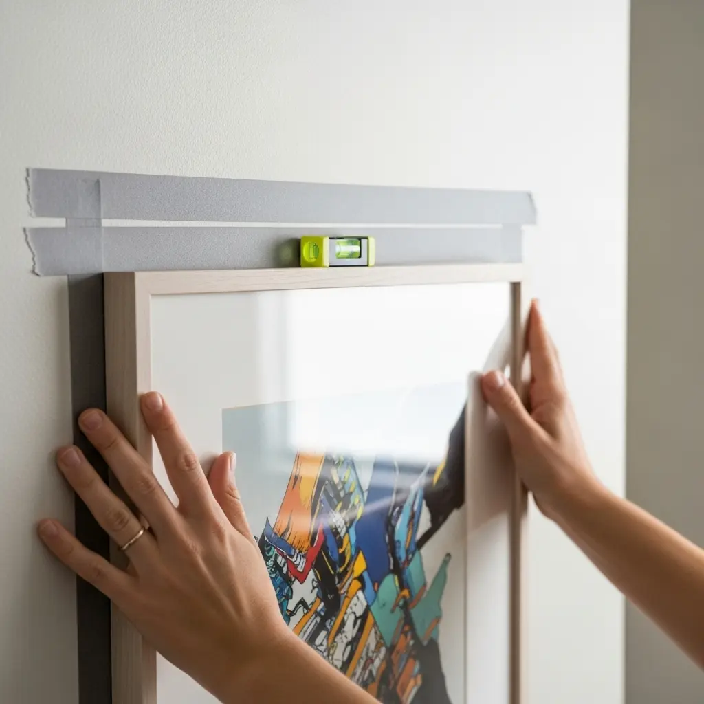 Pessoa colando tiras de fita dupla face de alta fixação na parte de trás de uma moldura de quadro leve e usando um nível de bolha para alinhar o quadro na parede da sala de jantar.