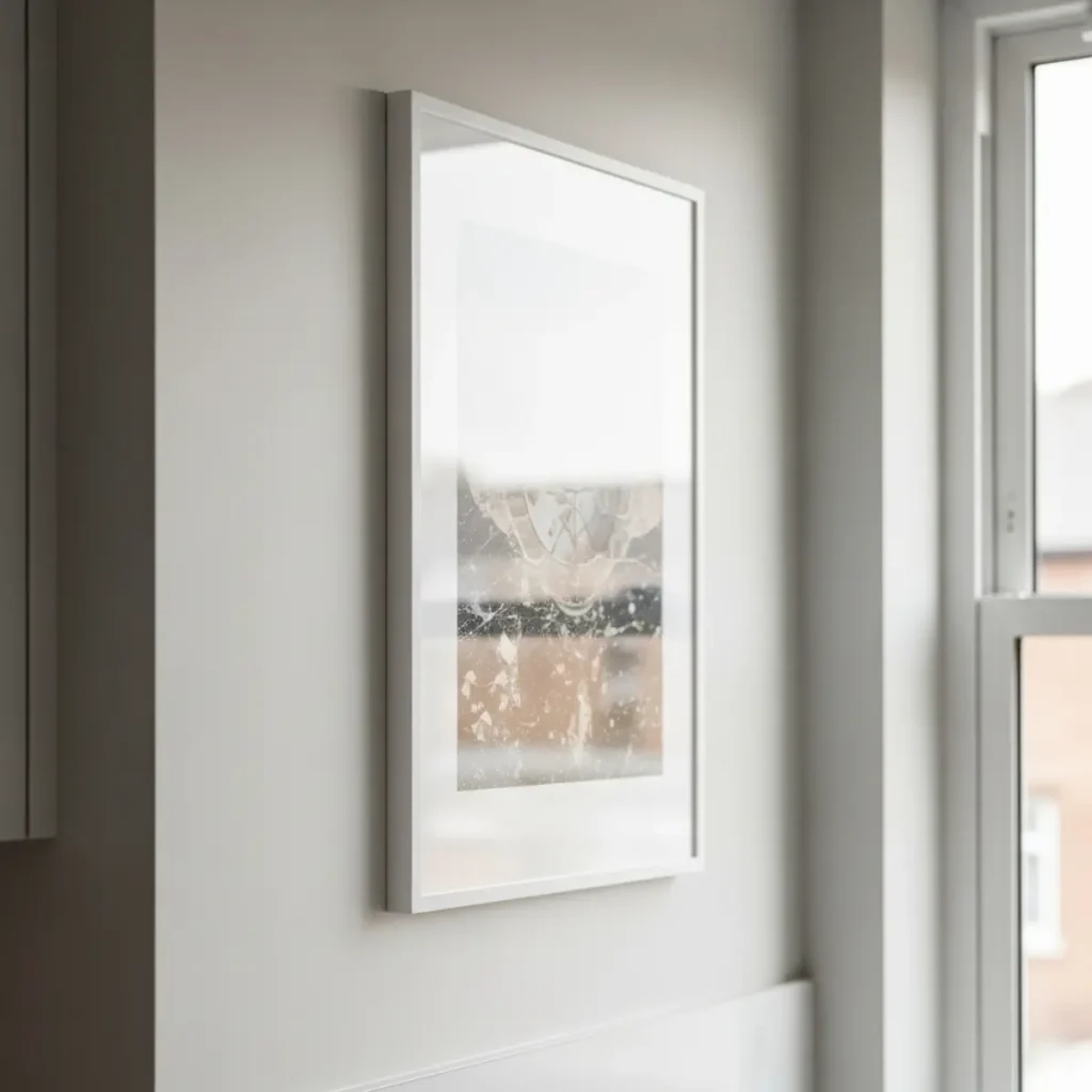 Quadro médio na parede seca próxima à janela, recebendo luz indireta (sem sol pleno prolongado), moldura com proteção UV, centro na linha dos olhos.