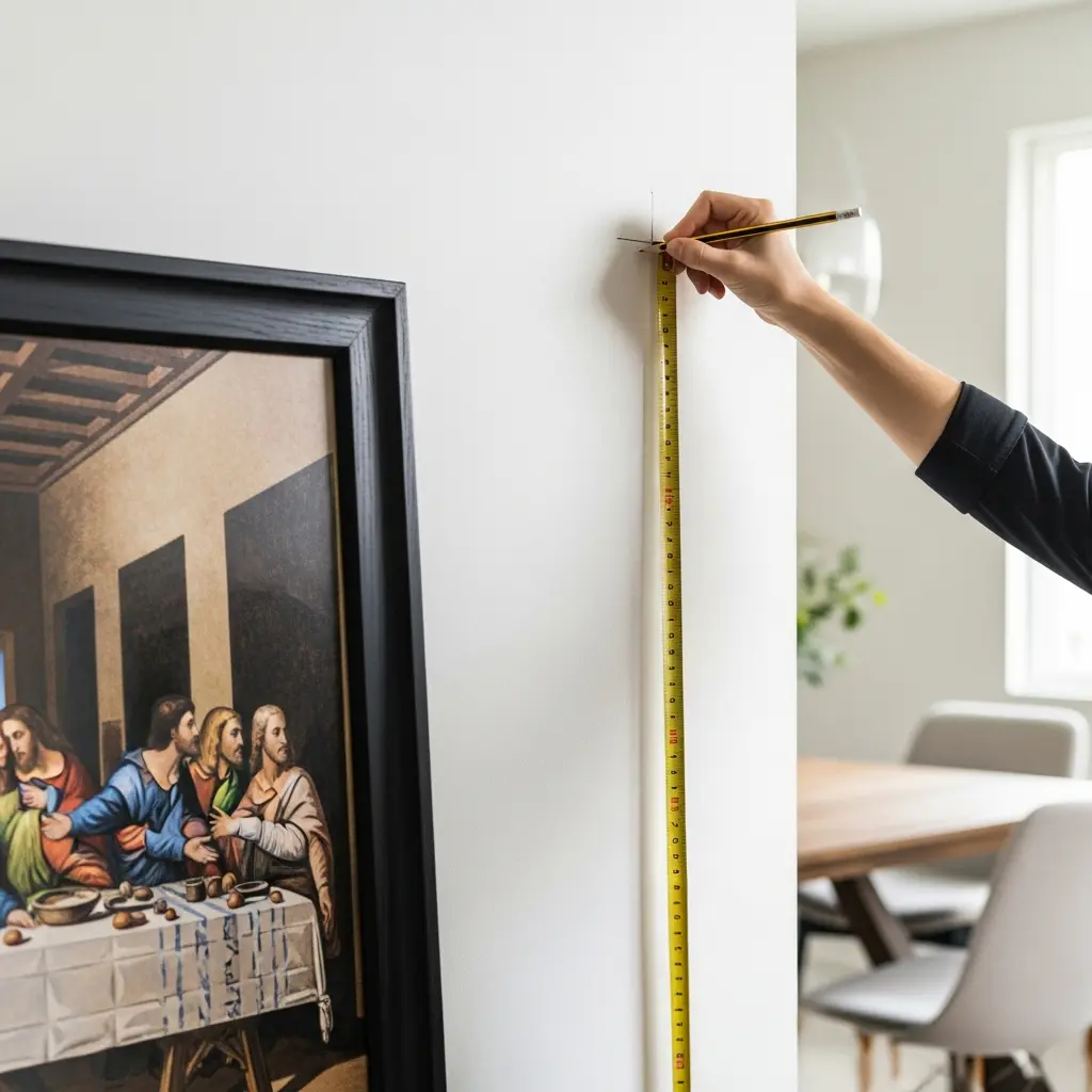 Pessoa medindo uma parede com trena e marcando com lápis o ponto exato de fixação de um quadro, com o quadro da Santa Ceia apoiado no chão ao lado.
