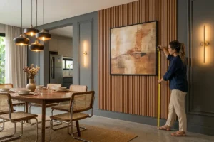 Mulher medindo a altura do quadro na parede de um ambiente moderno