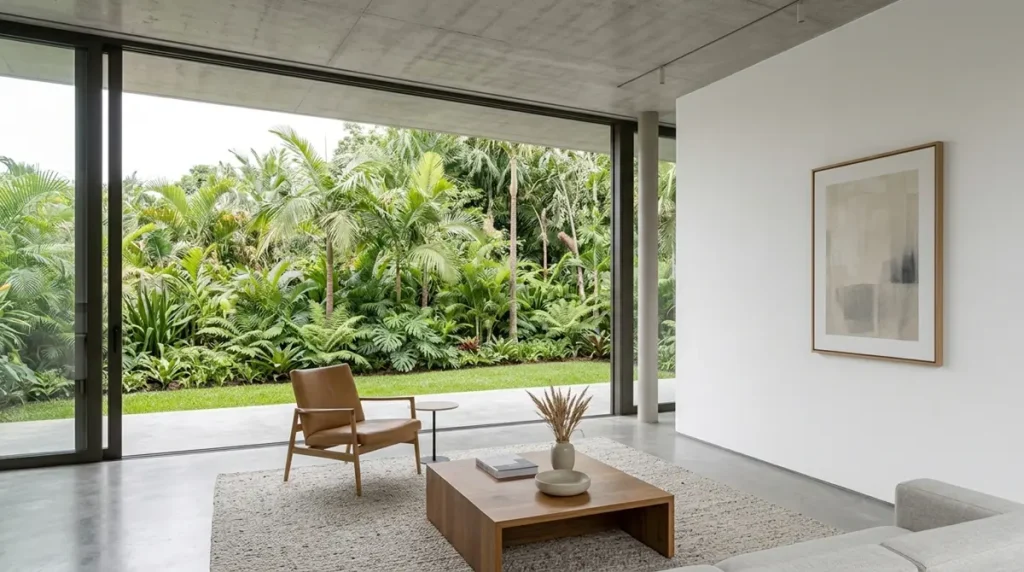 Sala de estar minimalista destacando o uso do espaço negativo ao redor de um único quadro decorativo em uma parede branca ampla.
