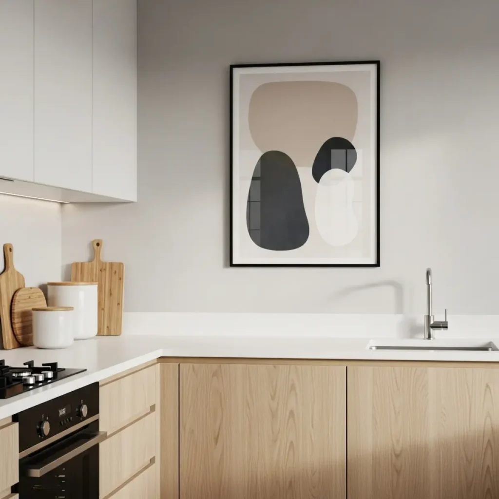 Cozinha moderna com quadro minimalista de formas abstratas sem texto, moldura preta com acrílico, centro a ~1,55 m, longe de pia e fogão, parede cinza clara.