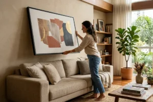 Mulher pendurando um quadro decorativo de tamanho ideal para o ambiente, logo acima do sofá.