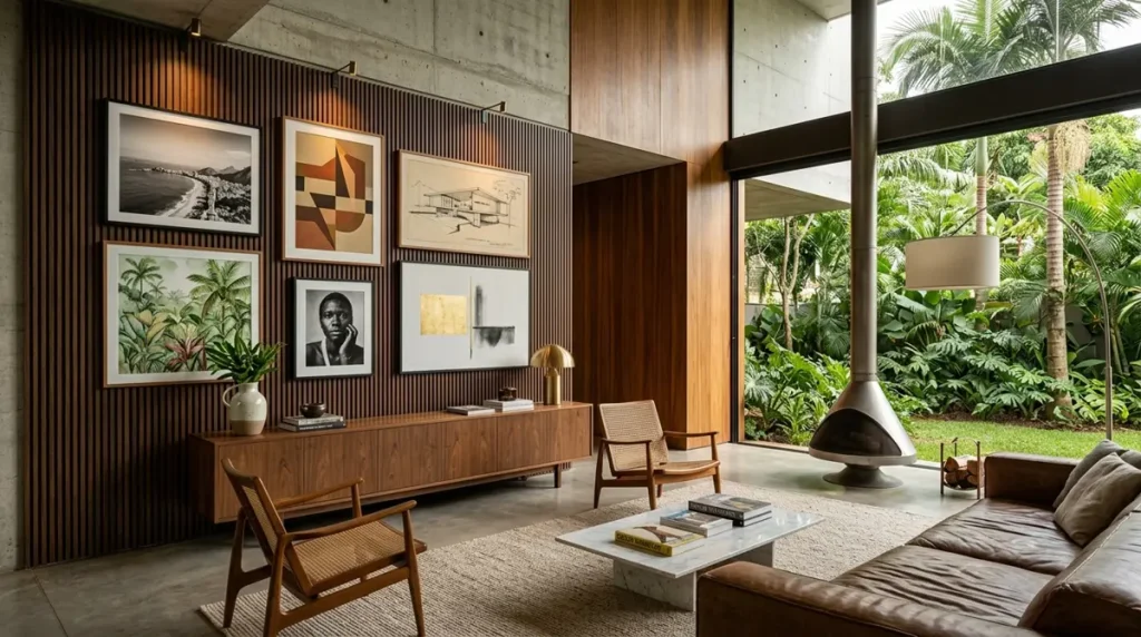Sala de estar luxuosa com um arranjo de quadros curado em uma parede cinza, demonstrando equilíbrio e sofisticação no design de interiores.