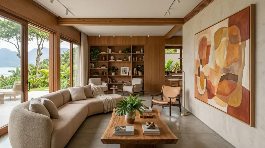 Sala de estar moderna desenhada sob princípios de neuroarquitetura, com um quadro abstrato de formas orgânicas que promove relaxamento e equilíbrio.
