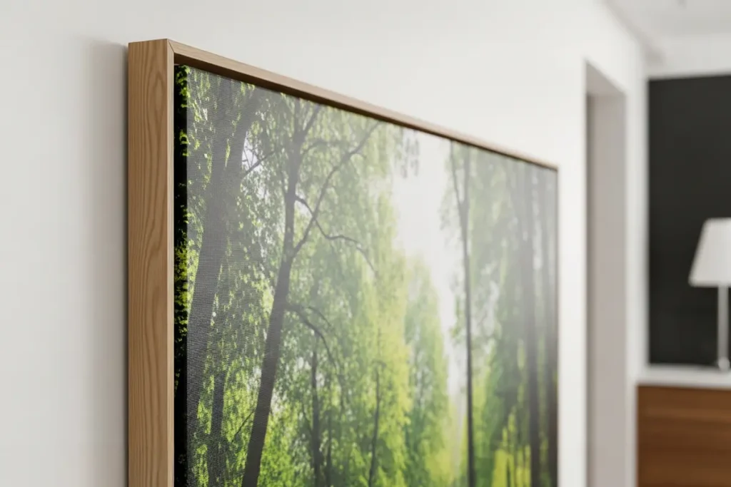 Quadro em canvas com moldura, com detalhes visíveis, mostrando sua textura e a impressão em detalhes.