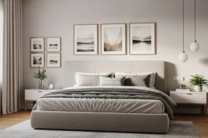 Quarto decorado com cama estofada e quadros minimalistas acima da cabeceira, exemplo de onde colocar quadros no quarto para criar harmonia e equilíbrio na decoração.