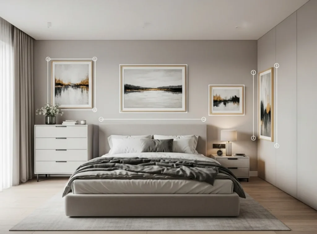 Quarto de casal moderno visto de frente, com destaques visuais mostrando possíveis posições de quadros: acima da cabeceira, na parede oposta à cama, sobre a cômoda, ao lado da cama e em uma parede lateral livre.