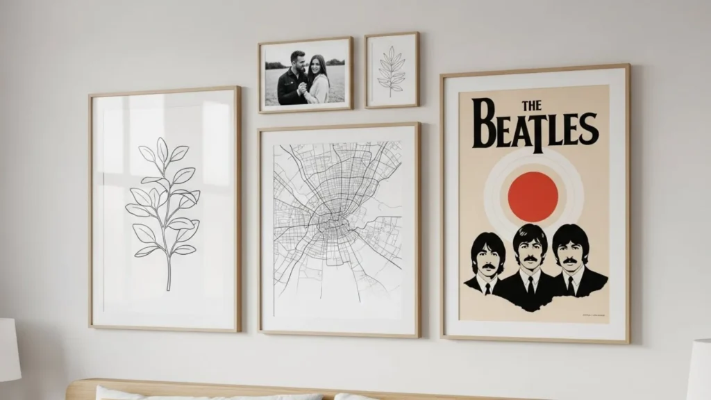 Parede de quarto com composição de quadros pessoais: foto de casal em preto e branco, mapa minimalista de uma cidade especial, ilustração de planta e pôster retrô de banda em estilo gráfico limpo.