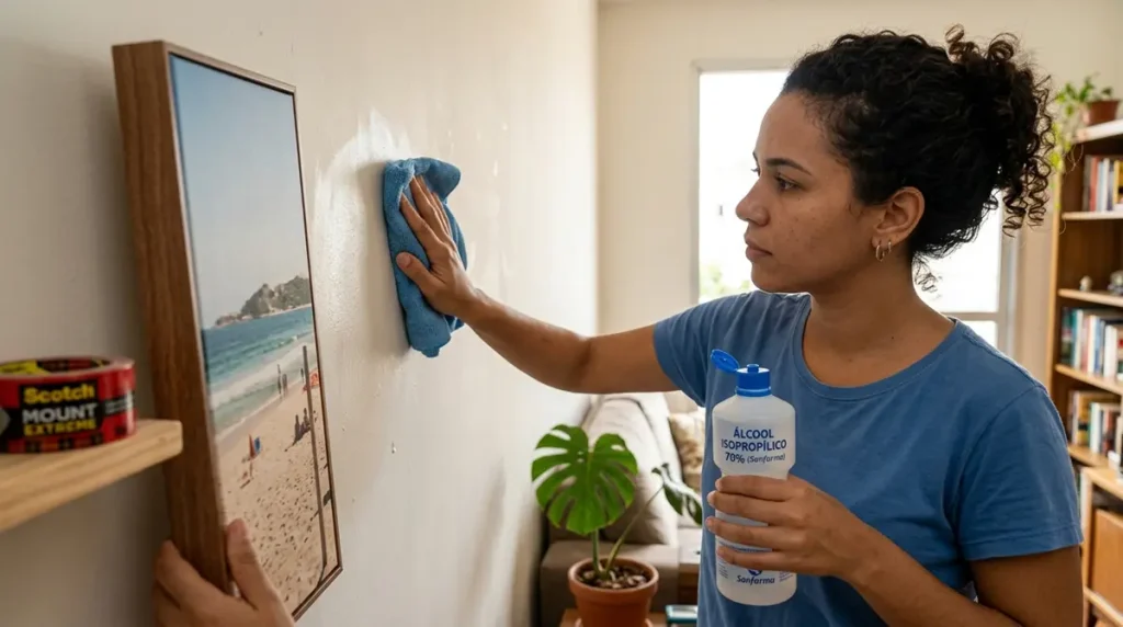 Pessoa limpando a parede com pano de microfibra e álcool antes de aplicar fita dupla face para quadros.