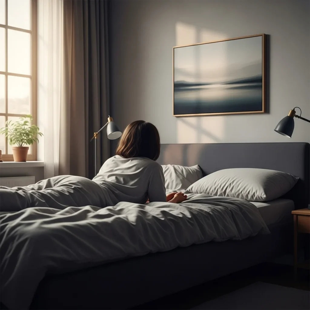 Pessoa deitada na cama, vista de costas, olhando para um quadro com imagem suave na parede do quarto, transmitindo sensação de calma e bem-estar.