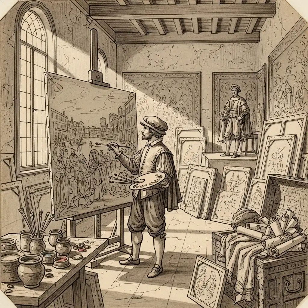 Pintor renascentista em um ateliê antigo de Veneza, trabalhando em uma grande tela de canvas esticada em um chassi de madeira, com outros quadros apoiados nas paredes, mostrando a transição dos painéis de madeira para a tela de tecido.