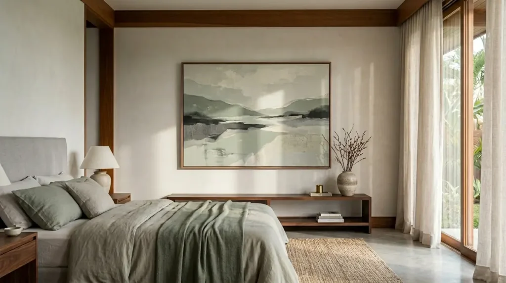 Quarto de casal com iluminação suave e um quadro de paisagem abstrata em tons serenos na parede oposta à cama, criando um ponto de relaxamento visual.