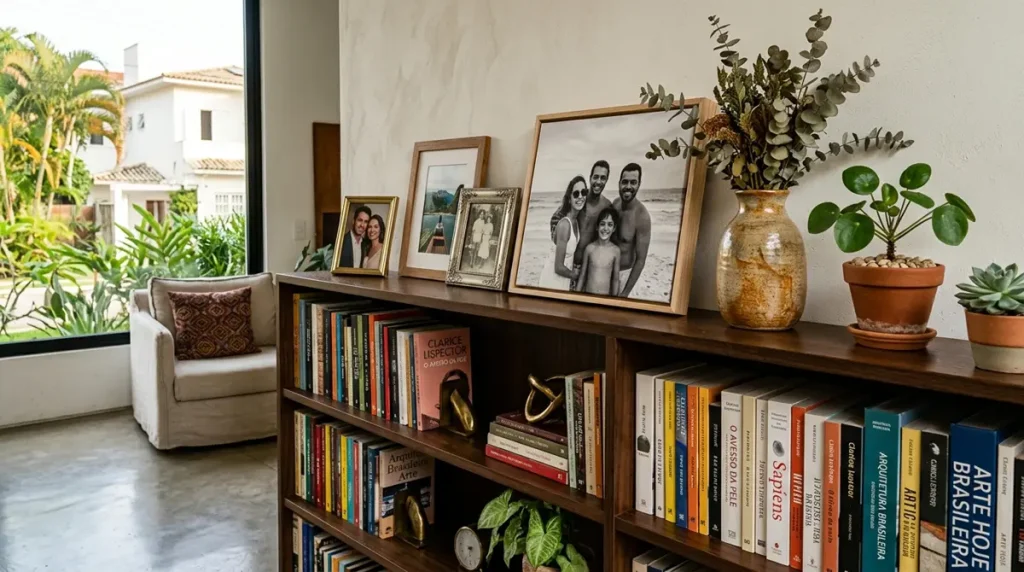 Prateleira com porta-retratos encostados e em pé, livros e vaso decorativo.