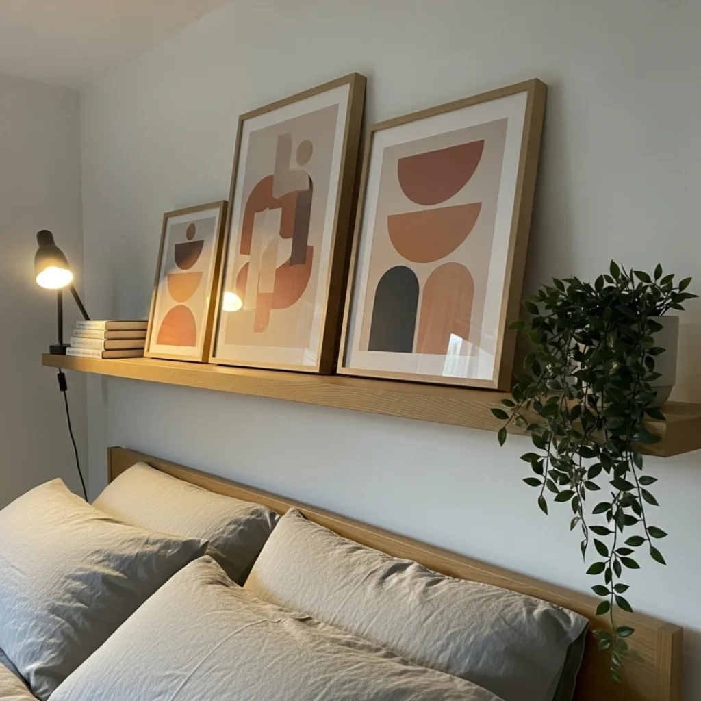 Prateleira sobre a cama com quadros apoiados, livros baixos, plantinha pendente sem tocar molduras e luminária de leitura quente.