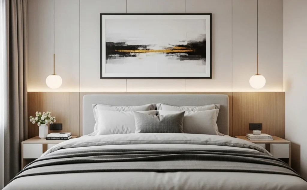 Quarto de casal com um quadro de tamanho médio centralizado acima da cabeceira, ocupando cerca de 2/3 da largura da cama e equilibrando bem a parede sem parecer nem gigante nem pequeno demais.