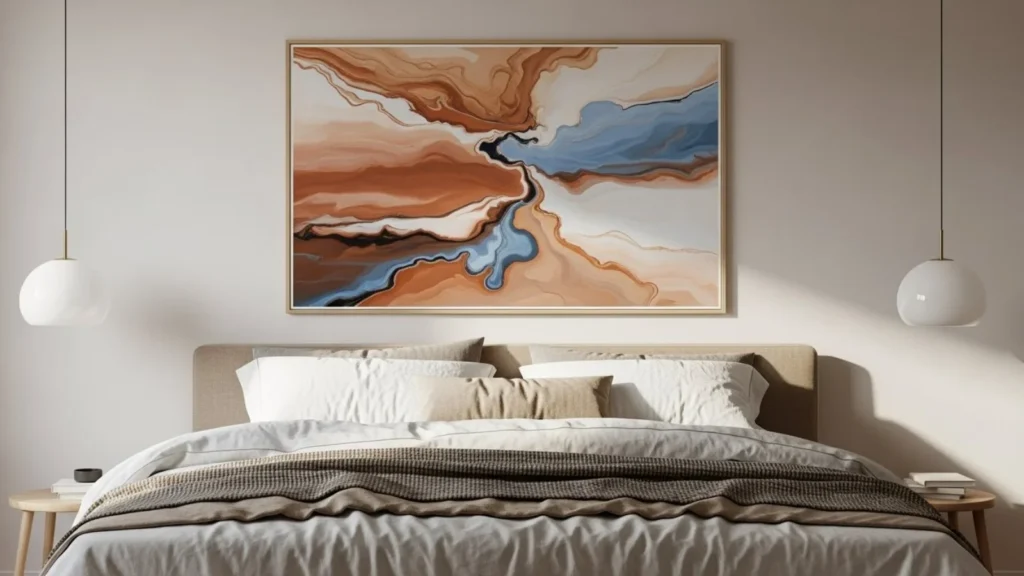 Quarto aconchegante com cama em tons de bege e branco e, acima da cabeceira, um quadro abstrato em tons terrosos suaves e azul claro, com moldura fina de madeira clara, criando sensação de calma.