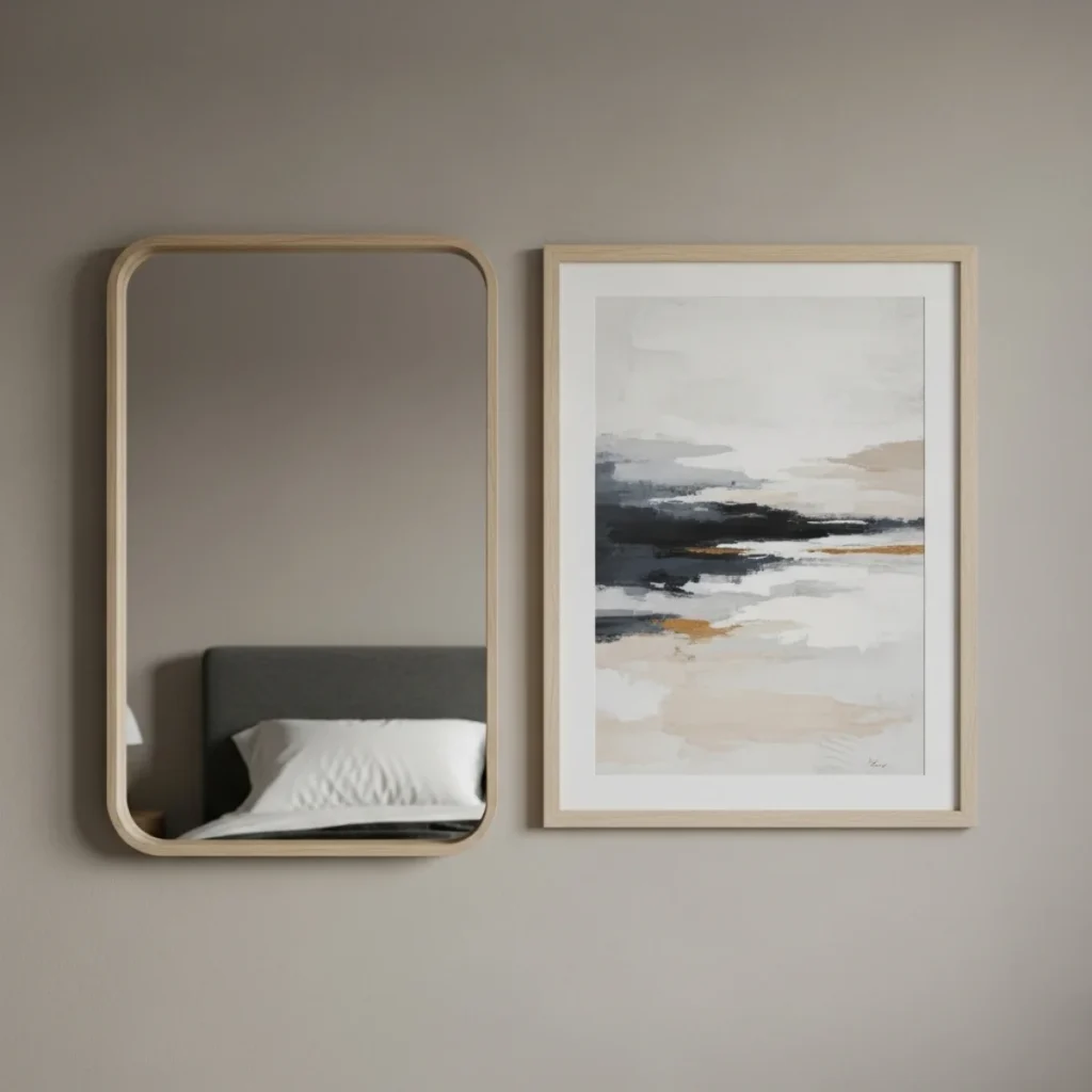 Parede de quarto com um espelho de corpo médio e um quadro ao lado, com topo alinhado ao topo do espelho; ambos com molduras foscas e iluminação suave, sem reflexos excessivos.