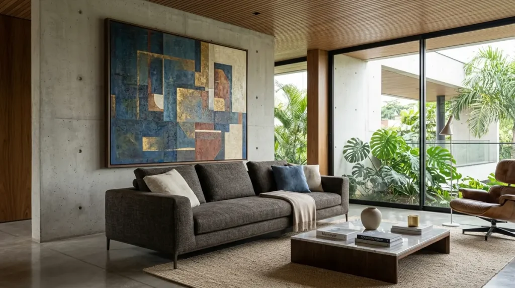 Quadro de grandes dimensões servindo como âncora visual em uma sala minimalista, organizando a estética do sofá e dos objetos decorativos.