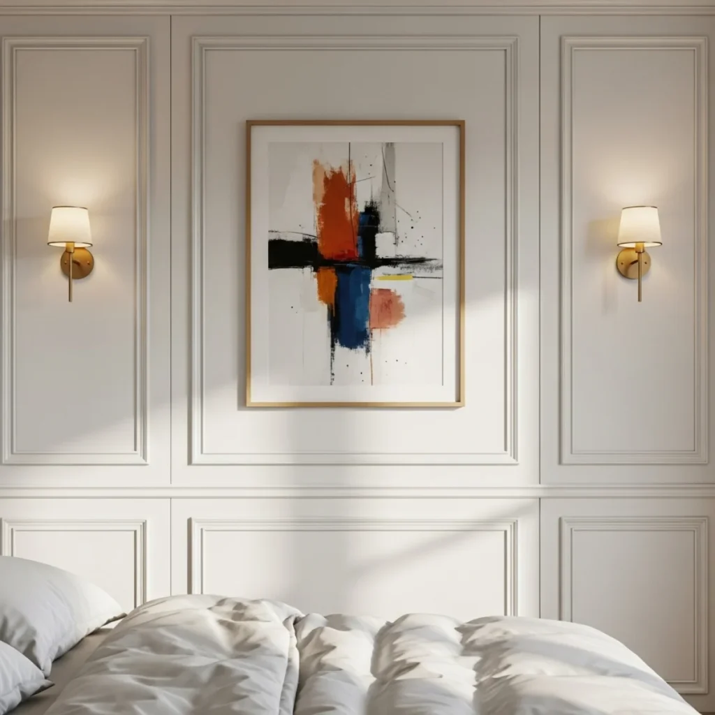 Quarto clássico com boiseries brancas, quadro único centralizado dentro de um “quadro” da boiserie, arandelas e roupa de cama off-white.
