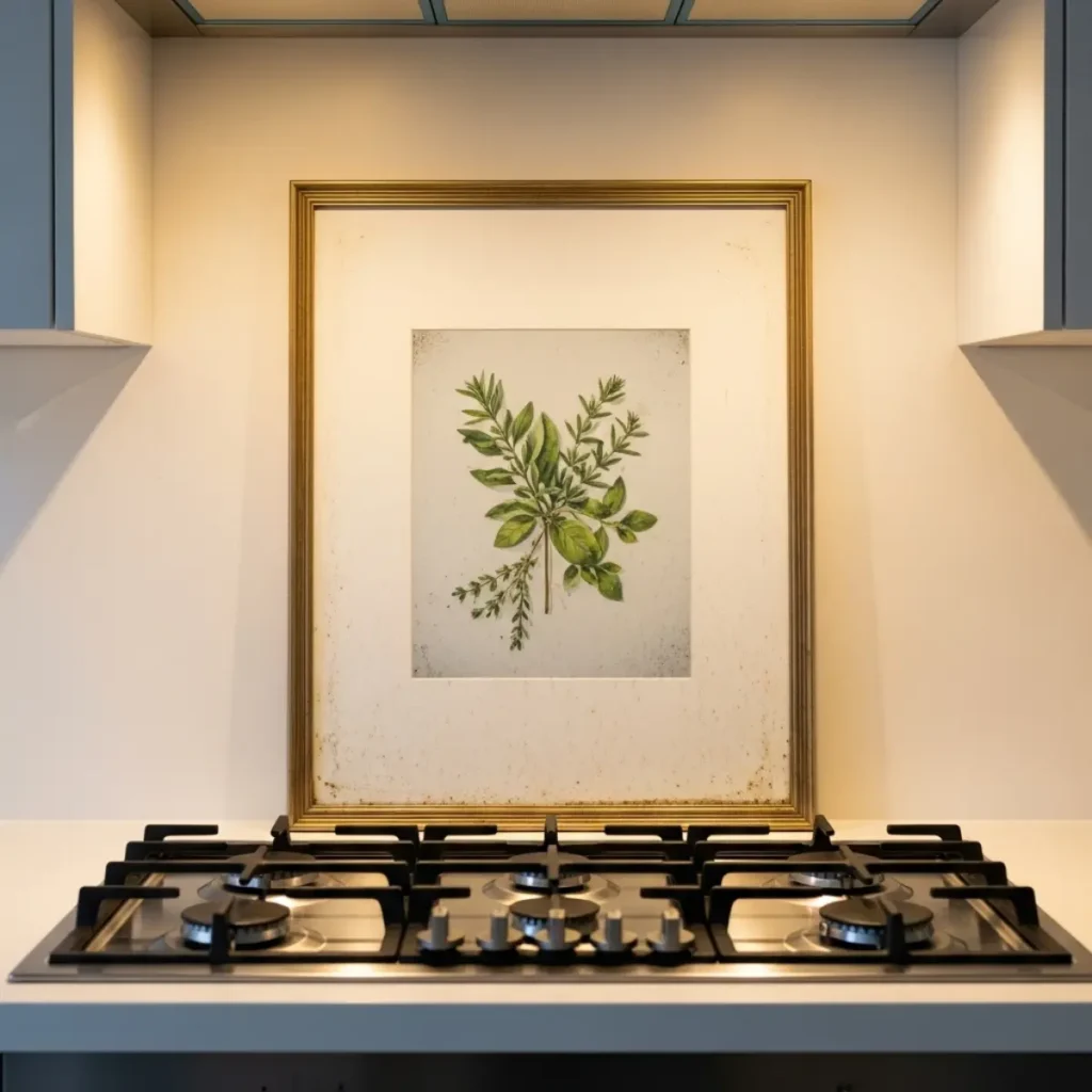 Close-up de um quadro decorativo atrás do fogão, com vidro embaçado, moldura de madeira levemente torta e respingos de gordura na parede, mostrando como o vapor e o calor danificam a peça.