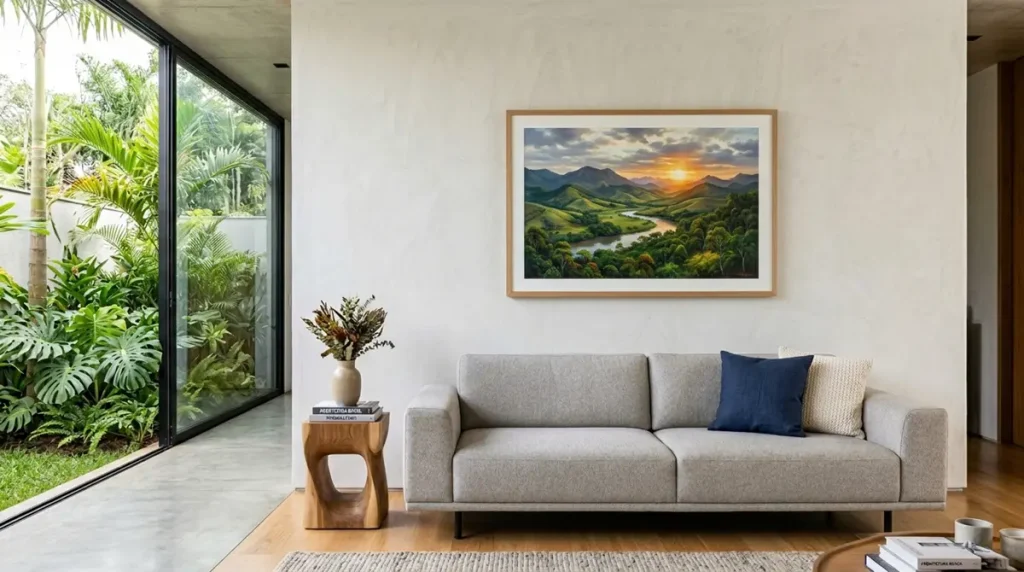 Quadro decorativo retangular pendurado acima de um sofá moderno, respeitando a proporção de dois terços da largura do móvel.