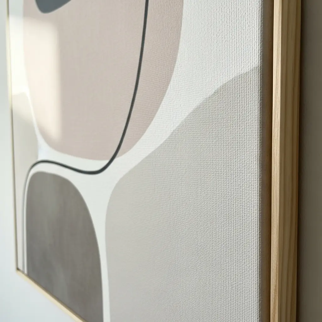 Quadro com arte abstrata em cores neutas, com o canvas esticado, exibindo sua dobra no chassi, protegido pela moldura de madeira natural.