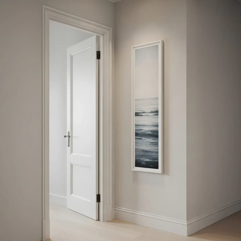 Parede estreita ao lado da porta de um quarto com um quadro vertical centralizado, mantendo folga de alguns centímetros em relação à porta totalmente aberta e alinhado ao eixo da circulação.