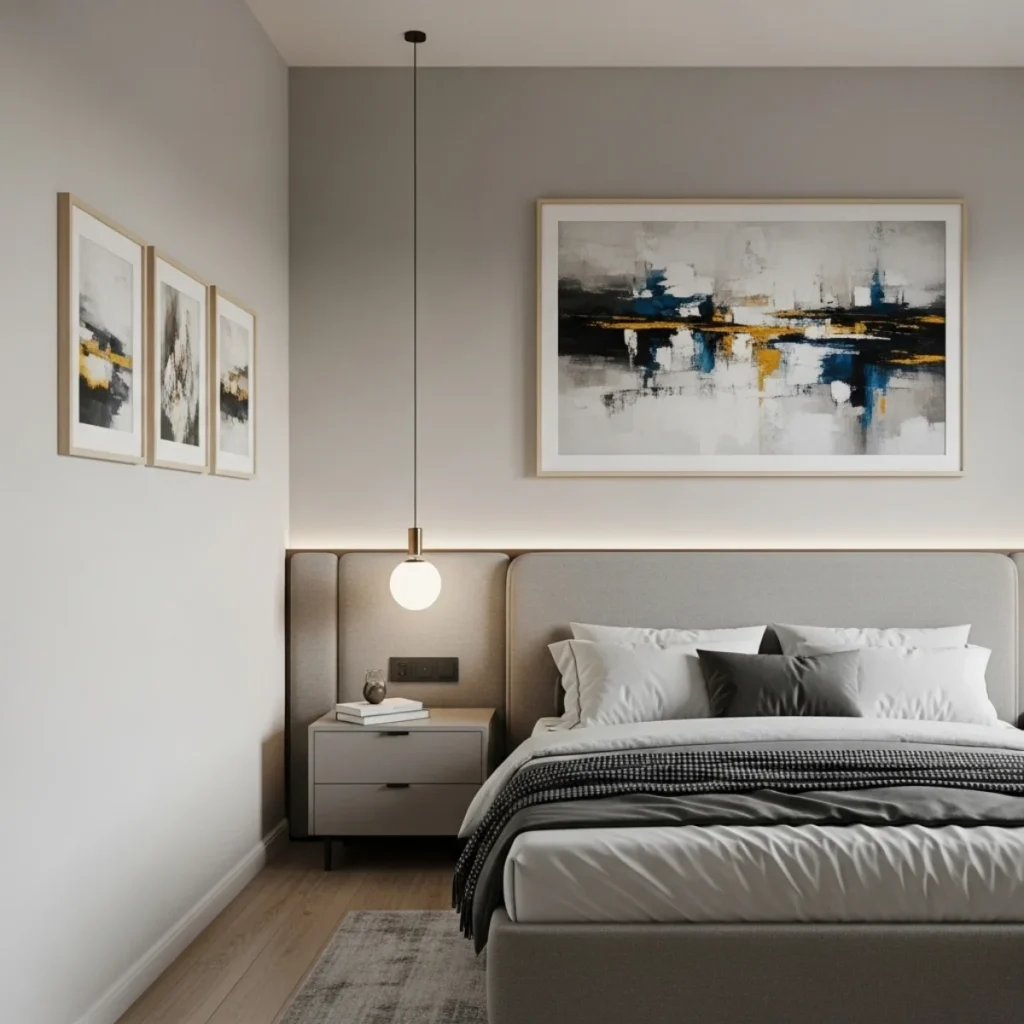 Quarto de casal com um grande quadro centralizado acima da cabeceira servindo de ponto focal, e na parede lateral um conjunto de 3 quadros alinhados, todos com molduras finas e retas que organizam visualmente o espaço.