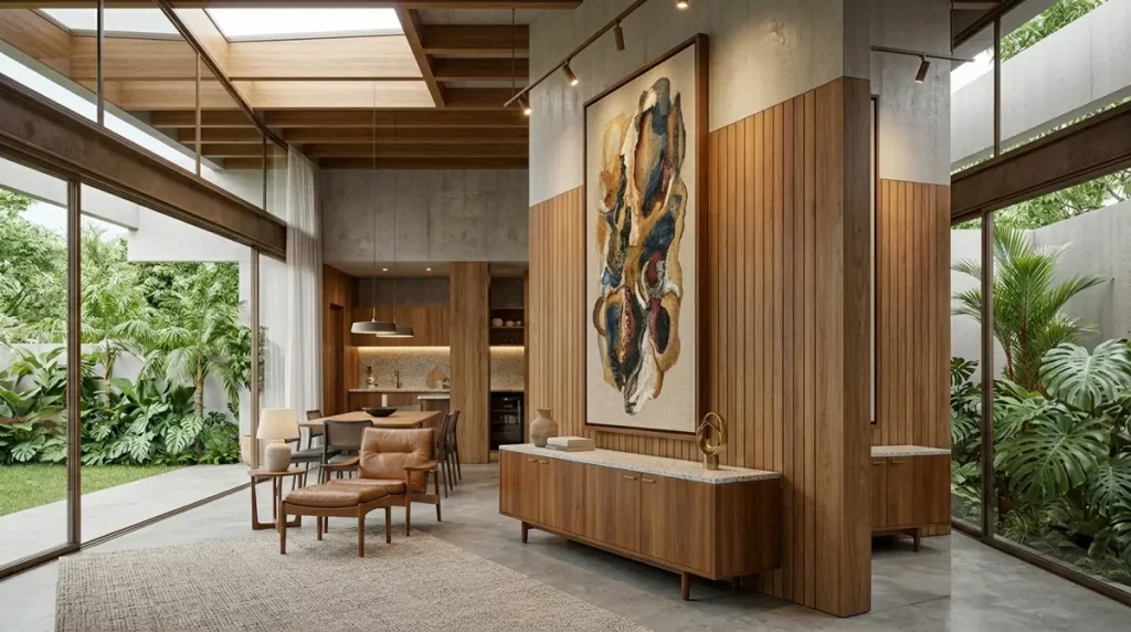 Um quadro grande vertical centralizado acima de um aparador em uma sala de pé-direito alto, servindo como ponto focal e âncora visual.
