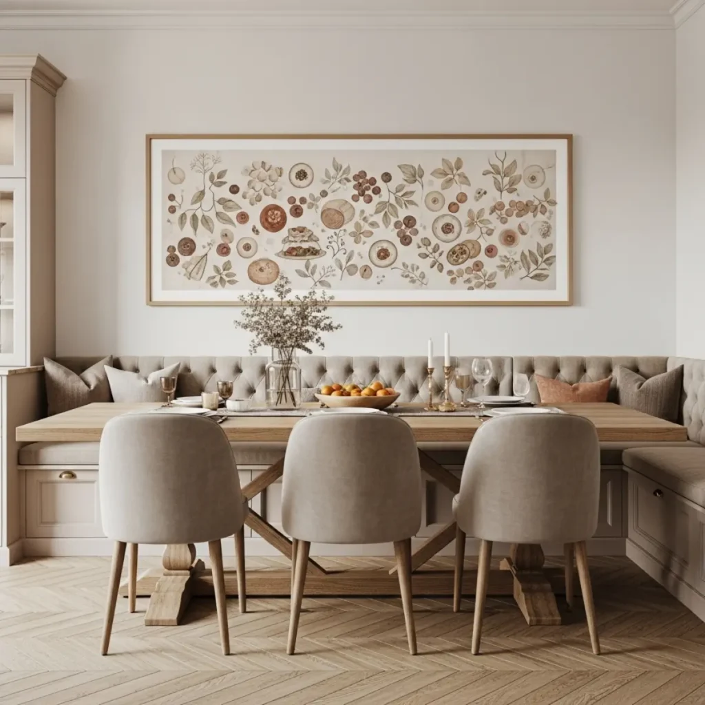 Cozinha com copa integrada, mesa retangular e um quadro horizontal acima ocupando cerca de dois terços da largura da mesa, alinhado mais baixo, com respiro confortável acima do encosto das cadeiras.