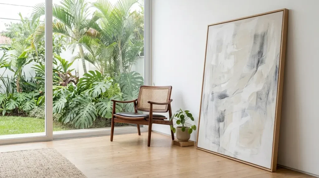 Quadro minimalista de grandes dimensões apoiado diretamente no chão em uma sala clean, criando um estilo de galeria de arte.