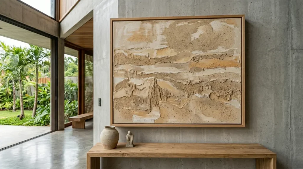 Detalhe de um quadro minimalista com textura granulada em tons de bege e creme, trazendo profundidade visual ao estilo clean.