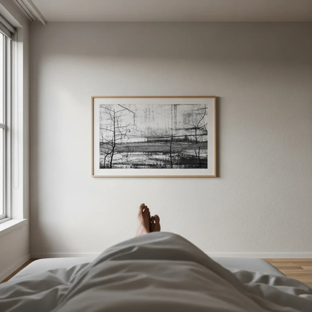 Visão de uma pessoa deitada na cama olhando para a parede oposta, com um quadro centralizado em altura mais baixa, com o centro em torno de 135 cm do piso, confortável para ver sem esforço.