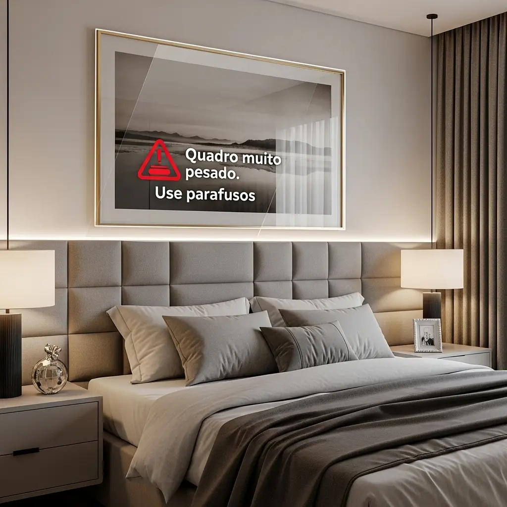 Quarto com cama box e cabeceira estofada, mostrando um quadro grande e pesado com vidro acima da cabeceira, com destaque visual em vermelho indicando que a fixação deve ser feita com bucha e parafuso, não apenas com fita.