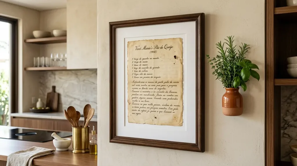 Receita antiga escrita à mão emoldurada com paspartu em uma parede de cozinha, representando o conceito de gastronomia afetiva.