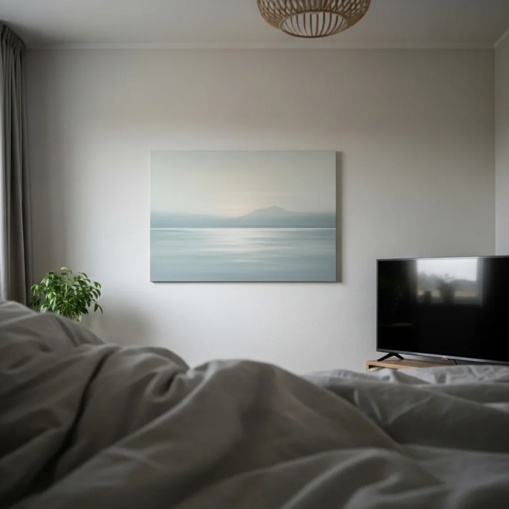 Vista a partir da cama mostrando a parede oposta com um quadro de paisagem suave centralizado, em altura confortável para quem está deitado, ao lado de uma TV, com acabamento sem vidro para evitar reflexos.