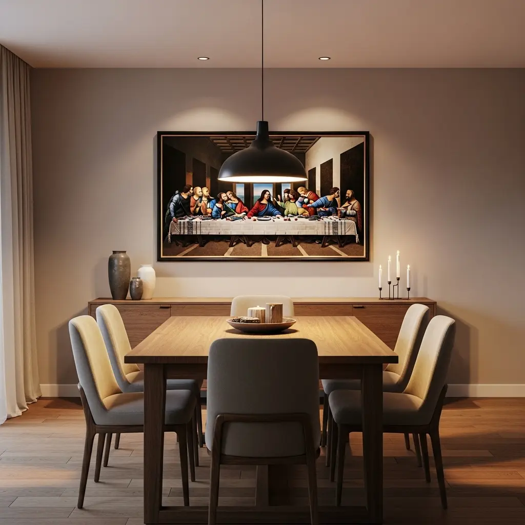 Fotografia de uma sala de jantar contemporânea com mesa retangular de madeira, seis cadeiras estofadas e um quadro da Santa Ceia grande, centralizado na parede acima do aparador, na altura dos olhos.