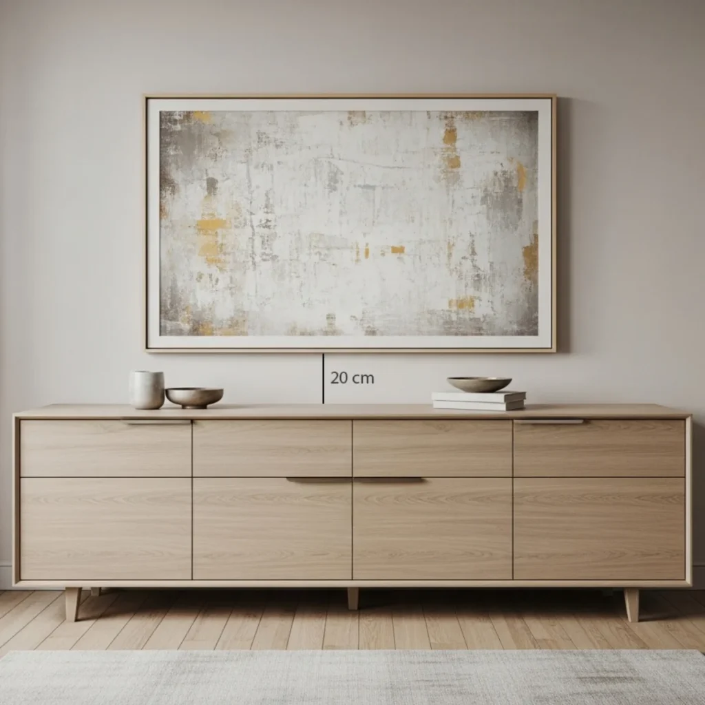 Cômoda larga em um quarto com um quadro retangular grande centralizado acima, medindo cerca de 2/3 a 3/4 da largura do móvel e com 15 a 20 cm entre o tampo e a base da moldura, formando um bloco visual coeso.